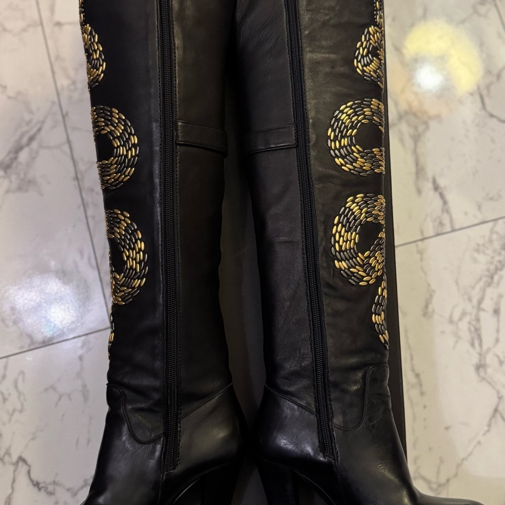 Thomas Wylde Black Leather Snake Embroidered OTK Boots — Size 6.5 - Picture 4 of 16